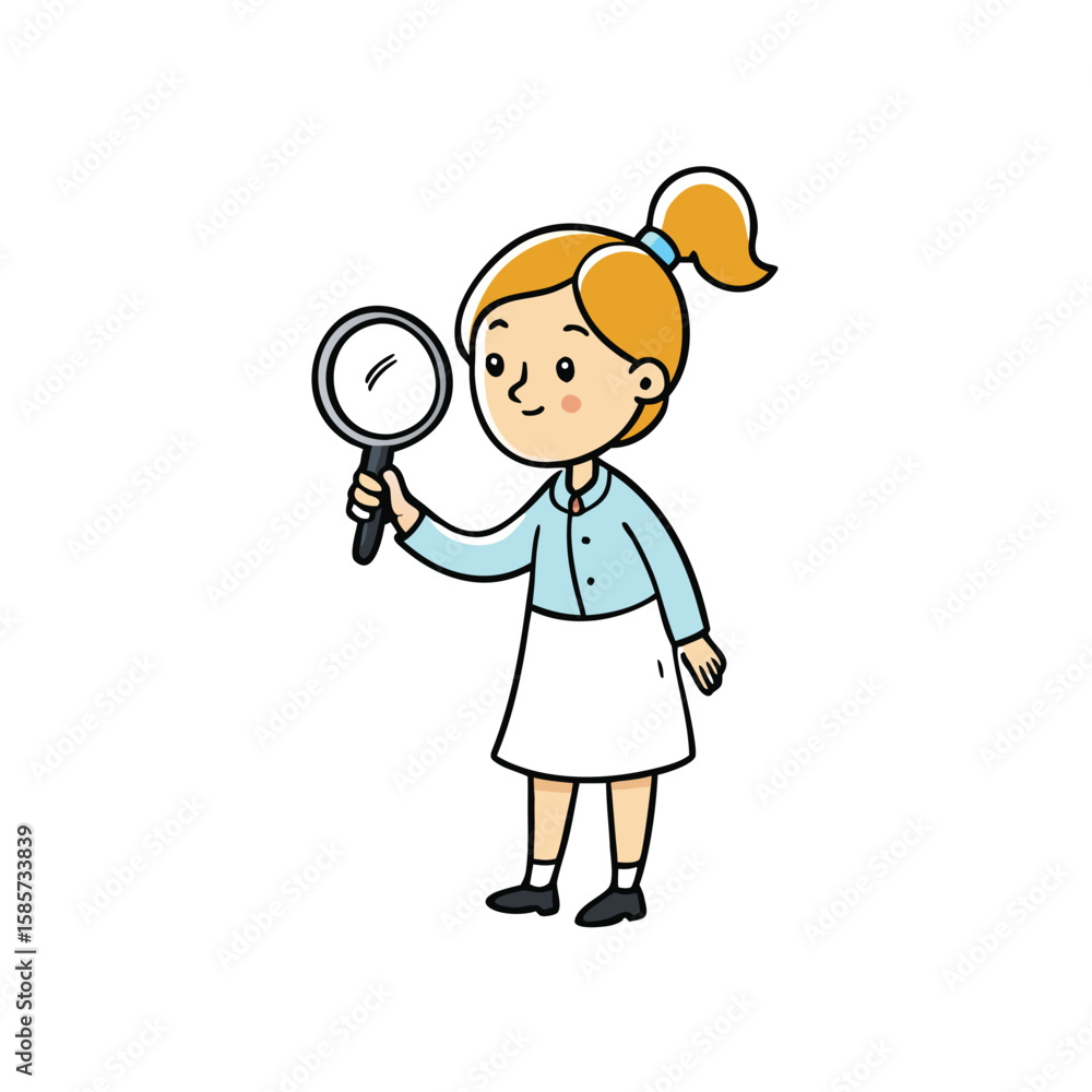 Young girl in science class examining something with a magnifying glass Young girl in science class examining something with a magnifying glass