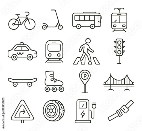 Urban transport icon collection: simple linear bike, scooter, bus, train, traffic, bridge vector icons