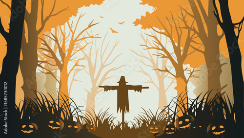 Halloween scene with scarecrow in forest surrounded by pumpkins and bats in the sky at twilight hour