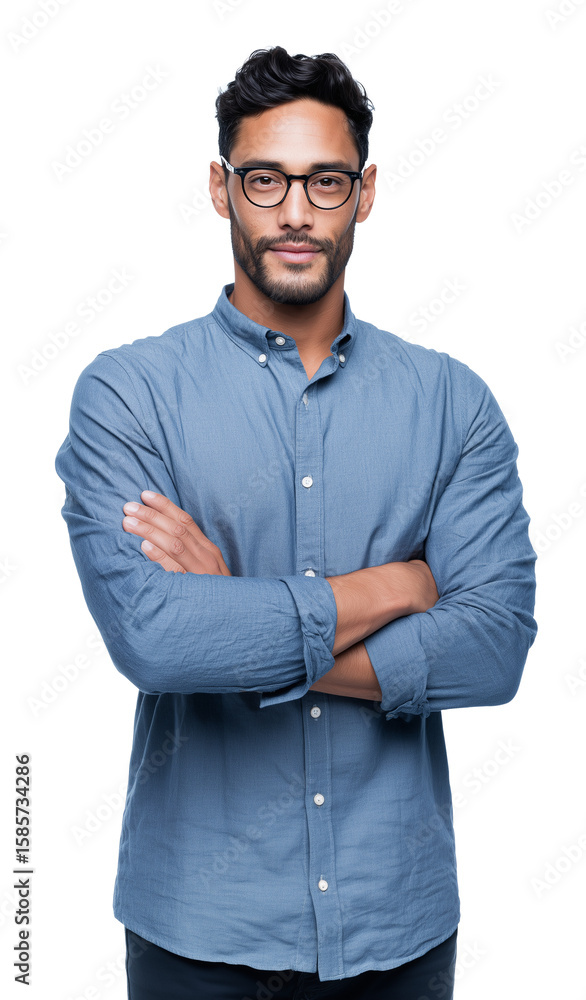 Hispanic man wearing glasses and a blue button up shirt standing with arms crossed isolated on white background. Hispanic man wearing glasses and a blue button up shirt standing with arms crossed isolated on white background.