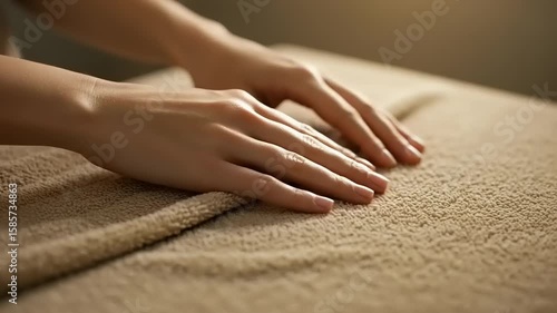 Wallpaper Mural Hands smoothing out a soft beige towel on a table in a serene spa environment with gentle lighting Torontodigital.ca