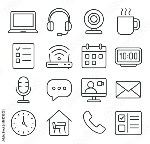Remote work icon collection: simple linear icons for laptop, webcam, headset, calendar, and more