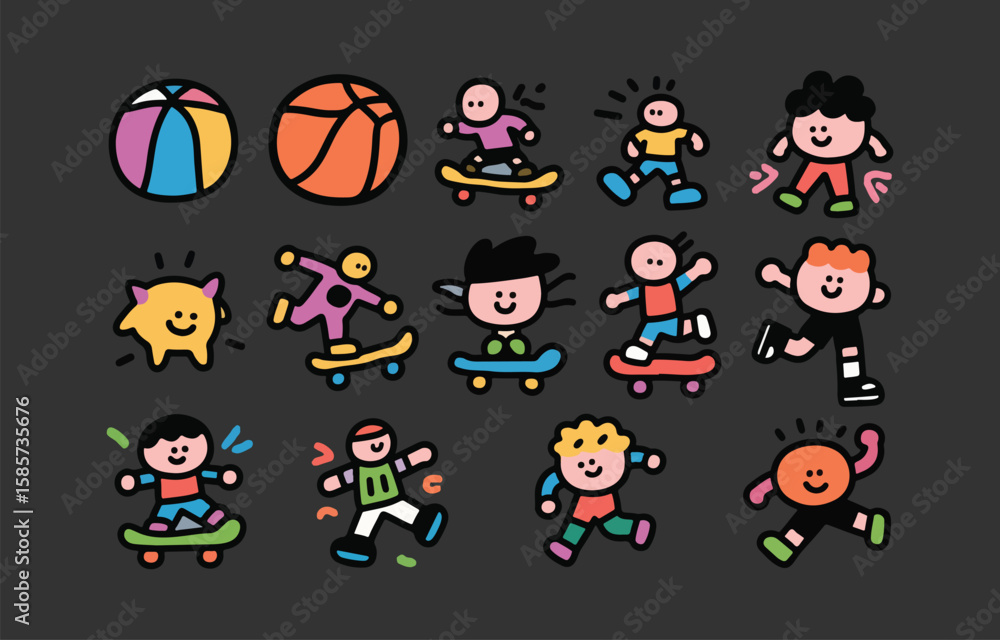 Obraz premium Joyful Kids Skateboarding, Playing Ball: Bold Line Art Illustrations