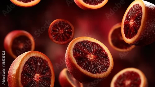 Sliced blood oranges in mid-air