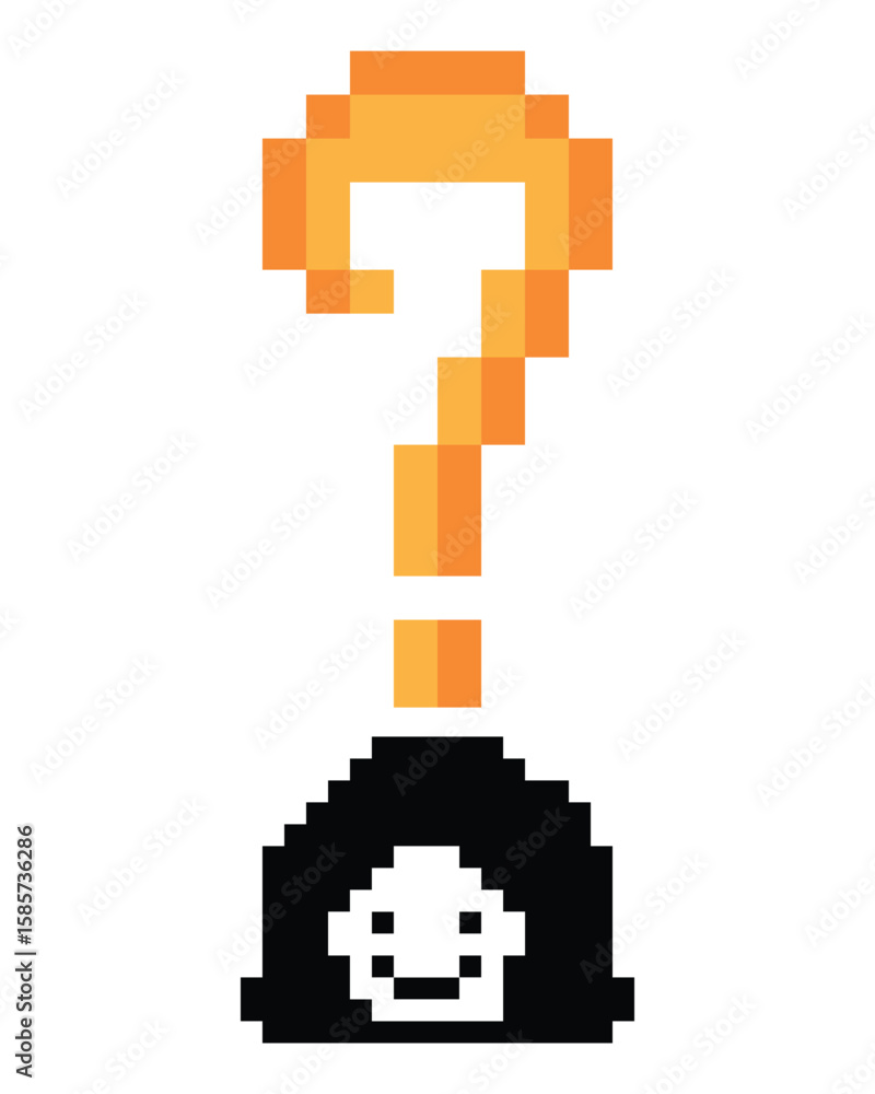Obraz premium Pixel art cartoon character woman with question mark decoration 8 bit female girl lady confused idea question mark think questionnaire choose cartoon pixel game 8bit png vector.
