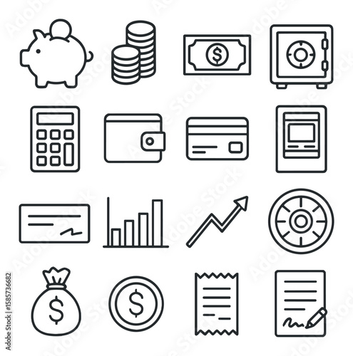 Financial icon collection. banking, money, savings, investment linear symbols set. wallet, credit card, safe vector icons.