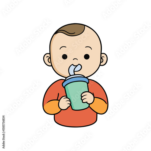 Cute cartoon toddler happily drinking milk from a sippy cup