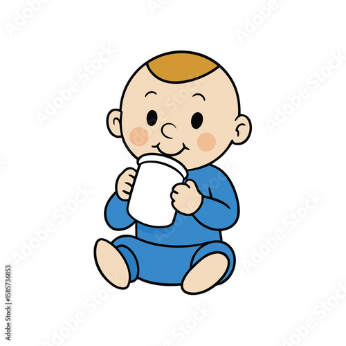 Cute cartoon toddler happily drinking milk from a sippy cup