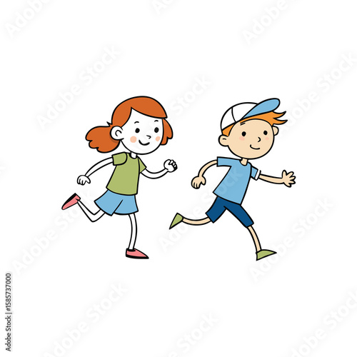 Two happy children playing a game of tag outdoors in a cartoon sketch style