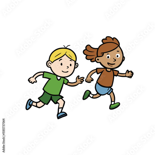 Two children joyfully playing a game of tag outdoors in a cartoon sketch style