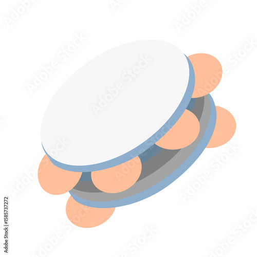 White tambourine percussion instrument, flat minimal style, isolated on white background, ideal for dance, folk, and music projects.