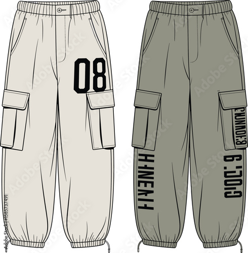 Men’s cargo jogger pants flat sketch, front view, side pockets, drawstring hem, printed design, casual streetwear fashion illustration