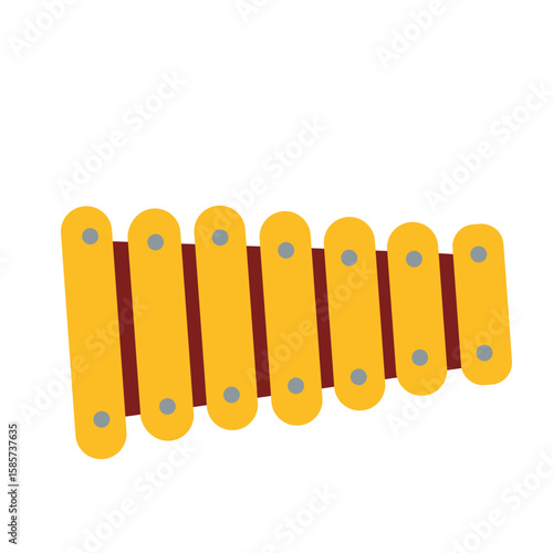 Yellow xylophone percussion instrument with mallet, flat style, isolated on white, ideal for education, music, and creative projects.