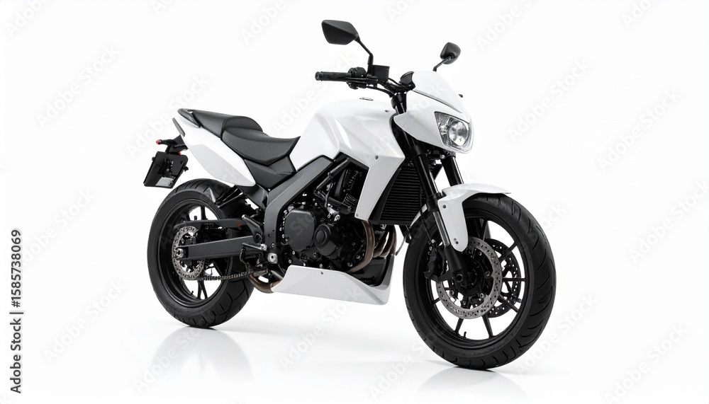 Fototapeta premium A sleek white motorcycle with black detailing, poised against a white background—symbolizing urban speed, modern design, and engineered freedom.