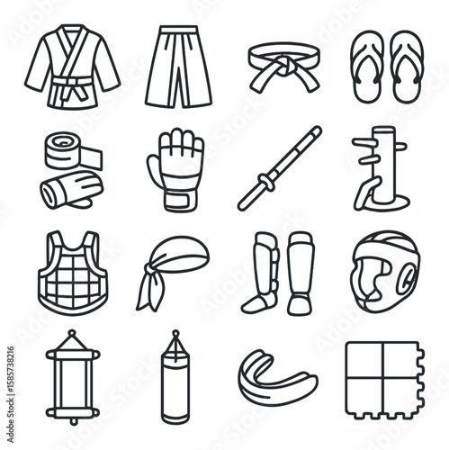 Martial arts gear icon collection. simple line icons: uniform, belt, gloves, headgear, mat, weapon, mouthguard vector icons.