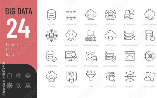 Big Data Editable Icons set. Vector illustration in modern thin line style of technology related icons: data center, database, hosting, and more. Isolated on transparent background.