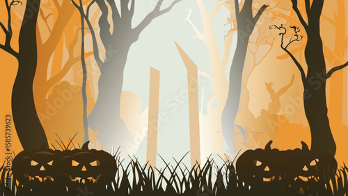 Halloween scene with pumpkins in a spooky forest with orange and white background light is visible
