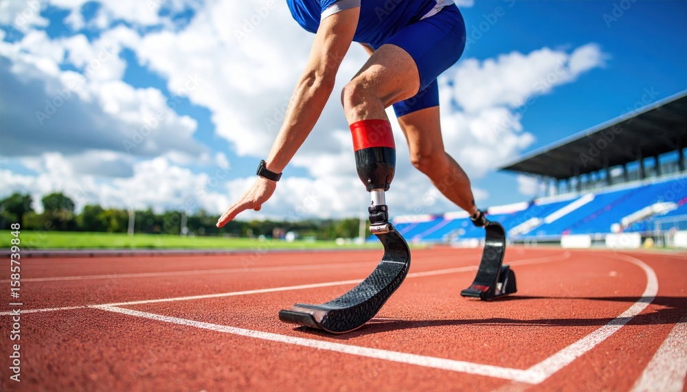 Obraz premium Athlete with prosthetic leg poised for sprint on track under a bright sky in a stadium