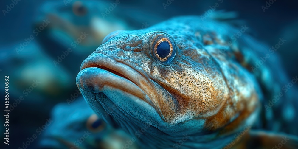 A detailed close-up reveals the mesmerizing features of an underwater fish. A detailed close-up reveals the mesmerizing features of an underwater fish.