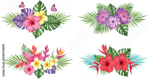 Watercolor tropical floral bouquet set, hibiscus and plumeria with green leaves, exotic summer flower arrangements for design, wedding, invitations, prints