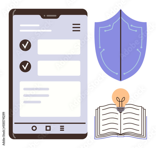 Mobile device showing task checklist, shield representing protection, open book with glowing bulb. Ideal for security, learning, app development, online safety, education, innovation simple flat