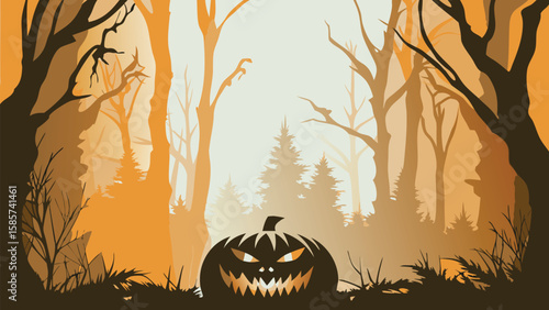 Silhouette of a spooky halloween pumpkin in a forest with bare trees and a foggy orange background