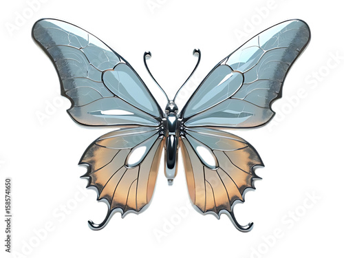 3D fantasy butterfly with broken glass wings and metallic chrome body