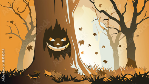 A spooky halloween tree with a carved face in a forest with falling leaves and an orange background hue