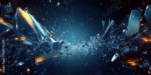 Exploding glass artwork against a cool, dark blue background creating a dramatic abstract visual.