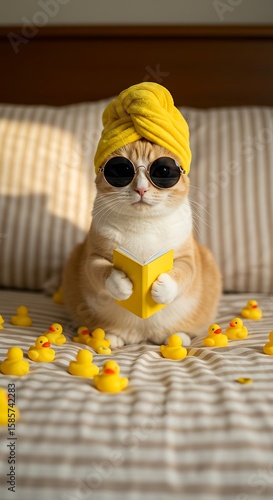 Stylish Cat with Sunglasses, Yellow Towel, and Rubber Ducks in Cozy Bed Setting