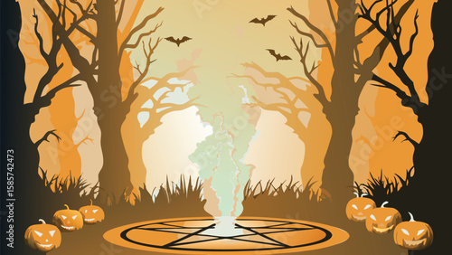 A halloween scene featuring pumpkins, bats, trees and a pentagram in a spooky forest setting