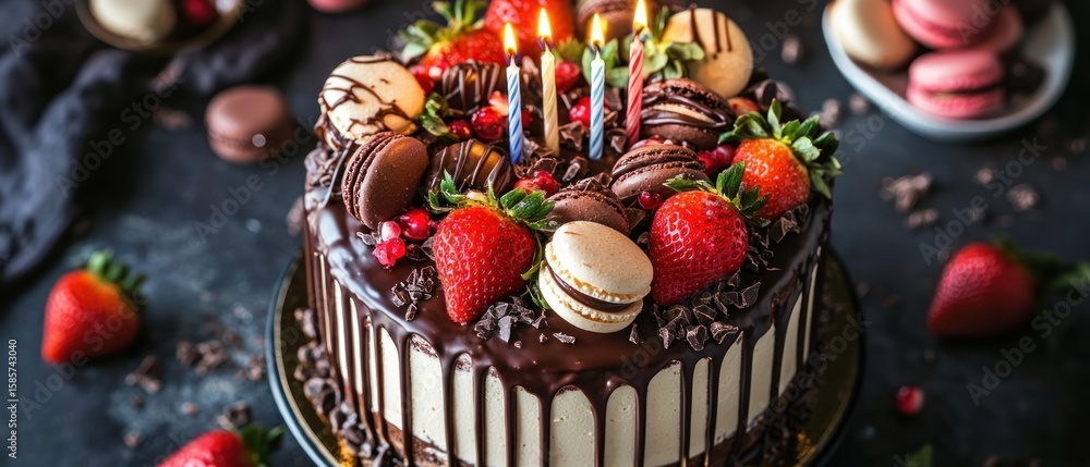 Naklejka premium Chocolate cake with fresh strawberries and macarons