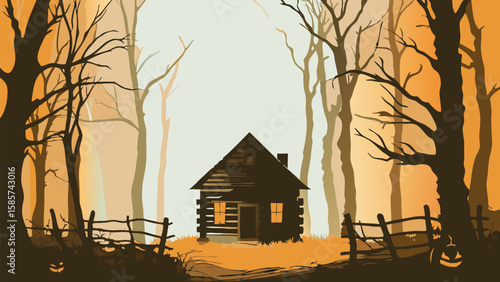 Cabin in the woods with bare trees and pumpkins creating a spooky halloween atmosphere scene