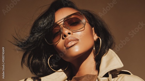 Stylish young black woman in beige trench coat and Mocha Mousse tones, retro sunglasses, fashion editorial