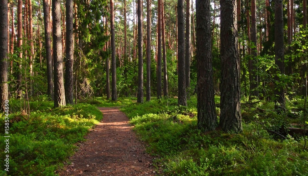 Obraz premium Sunlight filtering through a pine forest path