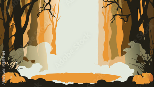 Halloween themed illustration featuring pumpkins and trees in an autumnal forest setting design art