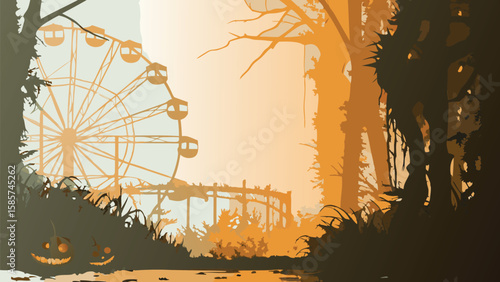 Ferris wheel and roller coaster in a spooky forest with jack o lanterns for a halloween theme scene
