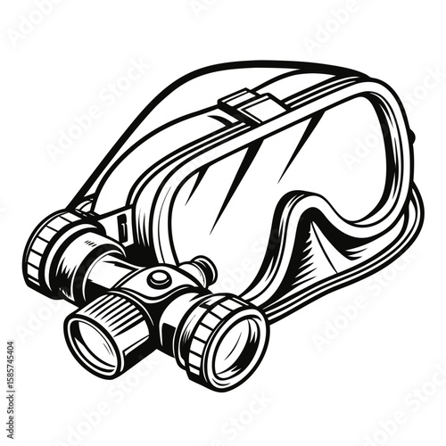 Detailed Black and White Illustration of Underwater Diving Goggles with Attached Lights