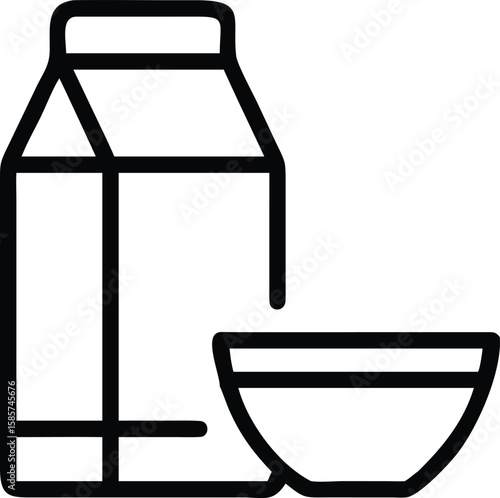 Milk carton with bowl in simple line art style for breakfast design