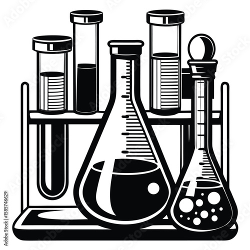 Laboratory Glassware Illustration Science Experiment Equipment Black and White