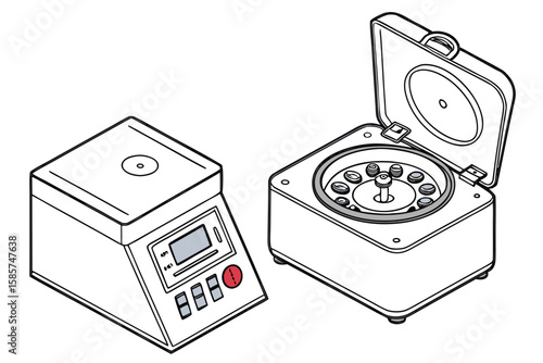 Isometric Illustration of Two Benchtop Centrifuges One Open and One with a Control Panel