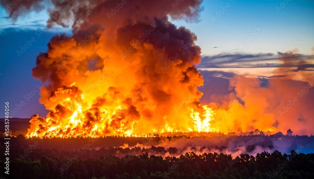 Fototapeta premium Massive forest fire at dusk