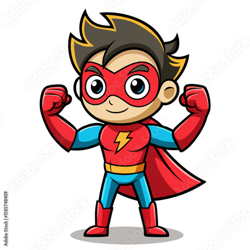 Adorable Cartoon Superhero Boy Red Mask Flexing Muscles Childrens Illustration vector