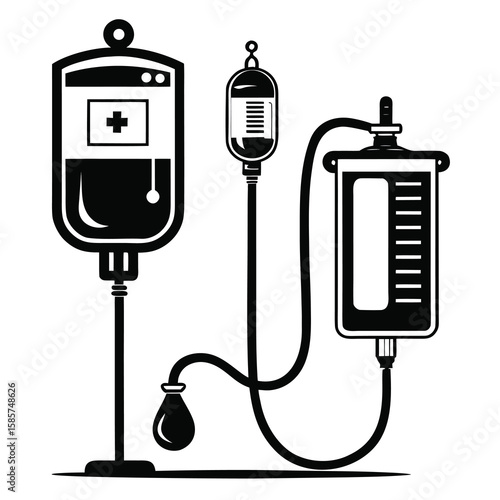Medical IV Drip Set Black and White Illustration for Healthcare and Medical Themes