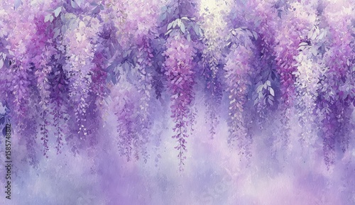 Purple wisteria blooms, soft pastel tones