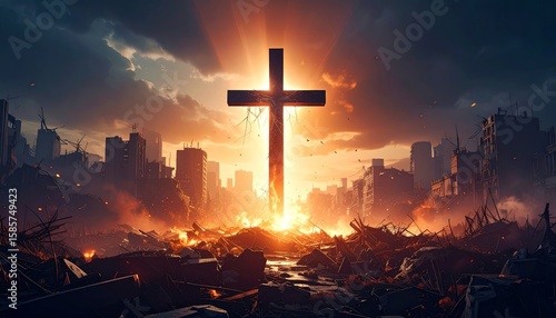 Hope Shines Through Ruins A Cross in a Post-War City