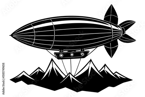 Black and White Airship Flying Over Silhouetted Mountains Vintage Style Graphic zeppelin dirigible