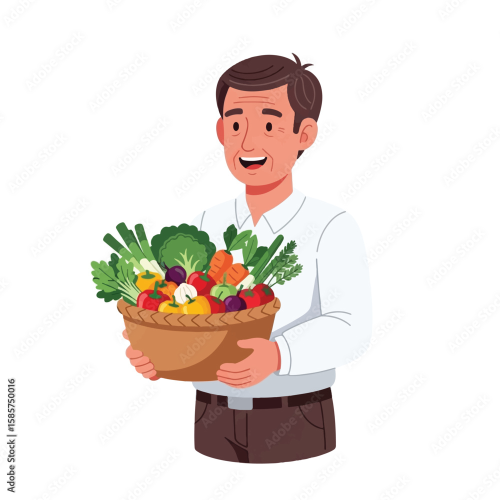 Smiling man holding a basket full of assorted fresh vegetables. Smiling man holding a basket full of assorted fresh vegetables.