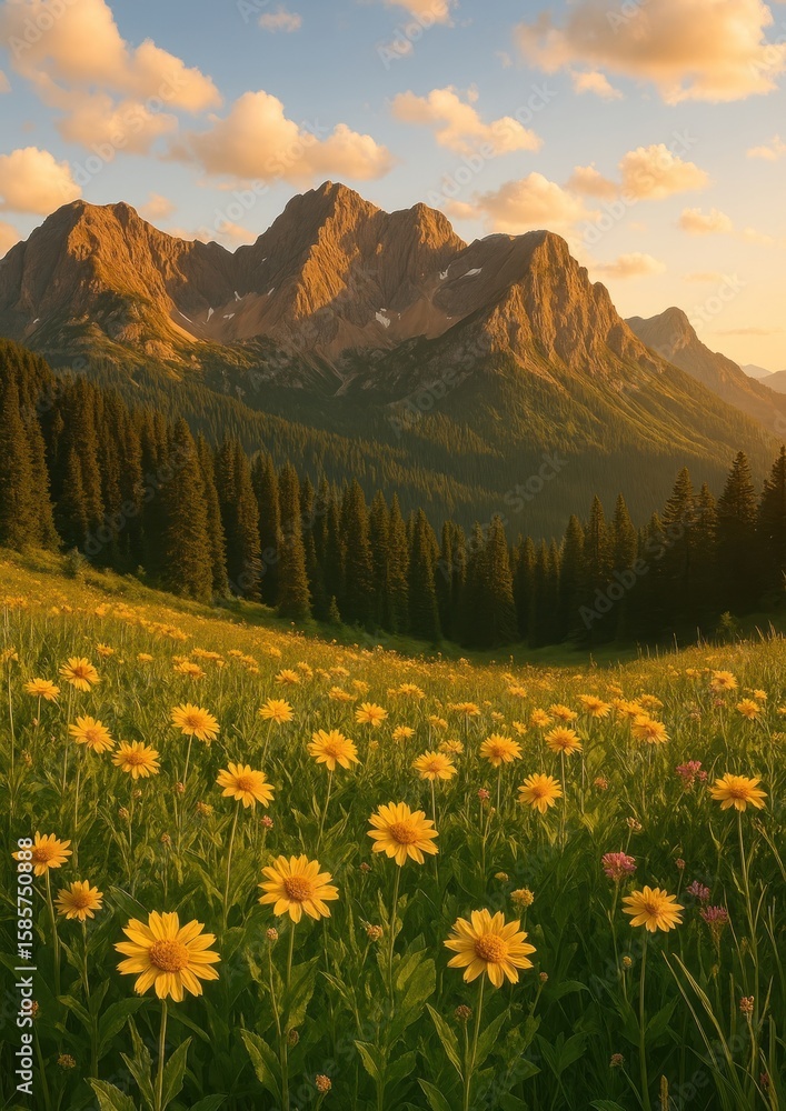 Fototapeta premium Majestic mountains with blooming flowers