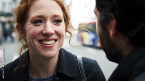 Wallpaper Mural A beautiful redhead woman with green eyes smiling happily during a conversation with a man on a busy city street Torontodigital.ca